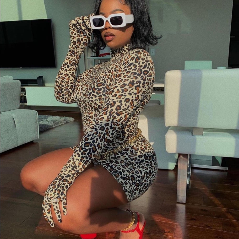 Cheetah leopard turtleneck print dress w/ gloves
